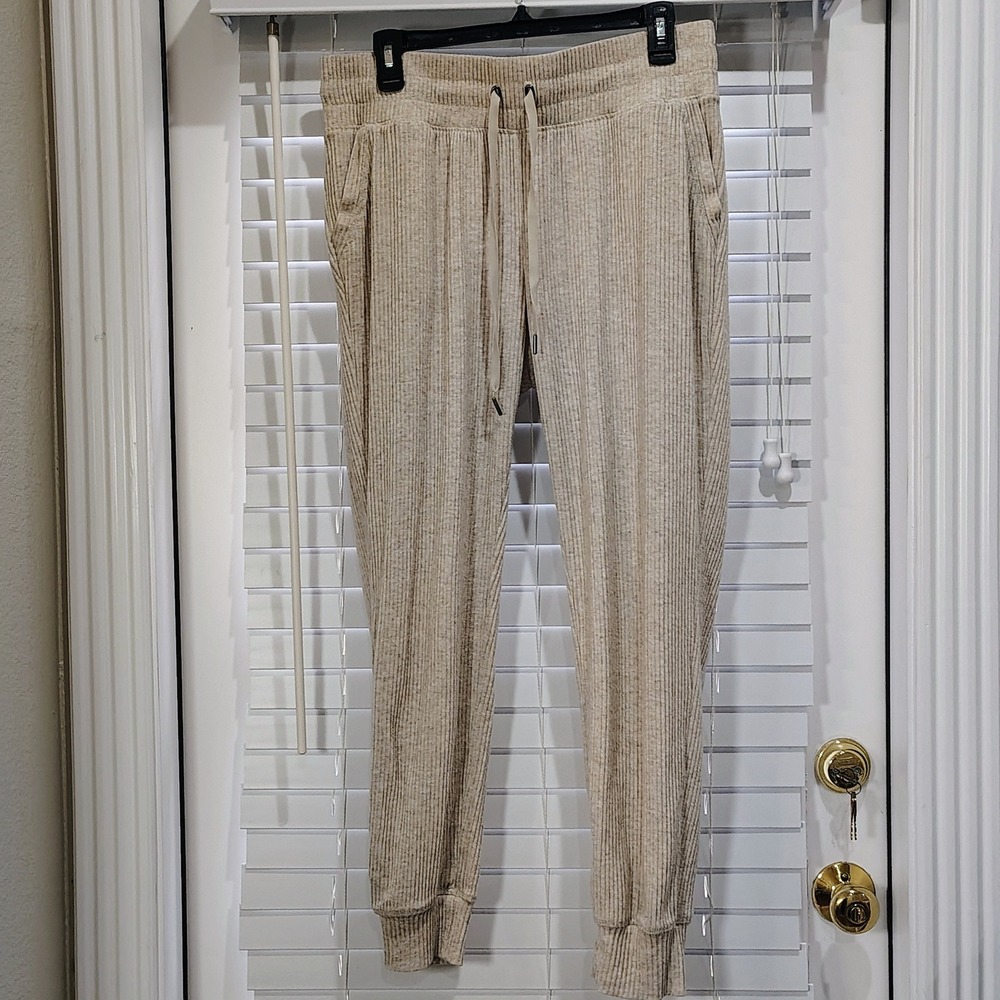 Comfy Ribbed Joggers Women L Oatmeal Drawstring Lounge Cozychic Athleisure